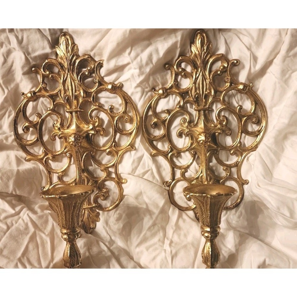 Vintage Hollywood Regency Gold Metal Wall Sconces Candle Holders Ornate - Picture 2 of 5